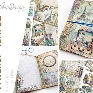 May include: A printable crafting kit for a travel journal. The kit includes a variety of images, including suitcases, maps, and vintage travel posters. The kit also includes a title page that says "TRAVEL JOURNAL" and a tag that says "CRAFTING PRINTABLES KIT".
