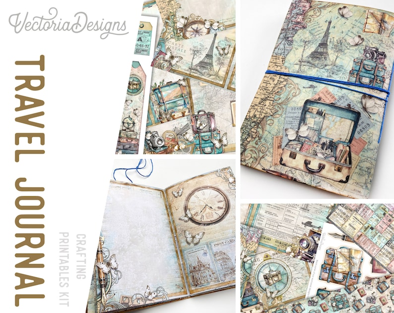 May include: A printable crafting kit for a travel journal. The kit includes a variety of images, including suitcases, maps, and vintage travel posters. The kit also includes a title page that says "TRAVEL JOURNAL" and a tag that says "CRAFTING PRINTABLES KIT".