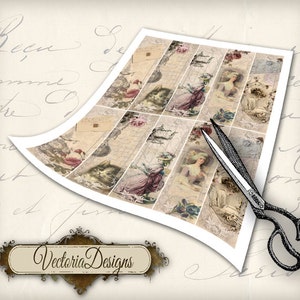 May include: A sheet of paper with nine vintage-style images printed on it. The images feature a woman in a pink dress, a cat, and floral designs. The paper is being cut with scissors.