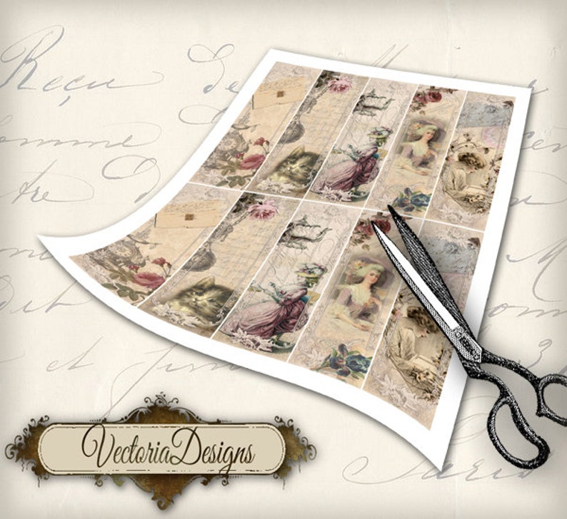 May include: A sheet of paper with nine vintage-style images printed on it. The images feature a woman in a pink dress, a cat, and floral designs. The paper is being cut with scissors.