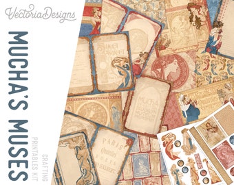 Art Nouveau Journal Kit, Mucha's Muses, Art Nouveau Junk Journal, Alphonse Mucha, Journal Printables, Art Nouveau Journal, Craft Kit 002355