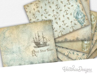 Nautical Paper Pack, Digital Paper Pack, Nautical Junk Journal, Nautical Scrapbooking, Sea Nautical Paper, Horizontal Paper, Digital 001940