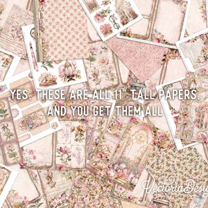 May include: A collection of 11-inch tall digital papers featuring floral designs, vintage frames, and text. The papers are in shades of pink, cream, and brown. "YES, THESE ARE ALL 11" TALL PAPERS AND YOU GET THEM ALL" is written in the center of the image.