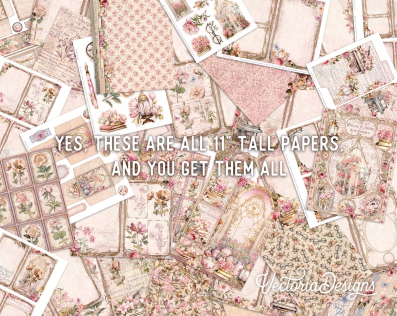 May include: A collection of 11-inch tall digital papers featuring floral designs, vintage frames, and text. The papers are in shades of pink, cream, and brown. "YES, THESE ARE ALL 11" TALL PAPERS AND YOU GET THEM ALL" is written in the center of the image.