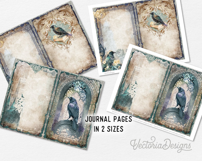 May include: Two printable journal pages featuring a vintage aesthetic with a raven and ornate details. The pages are available in two sizes. The text "Journal Pages in 2 Sizes" is at the bottom of the image.
