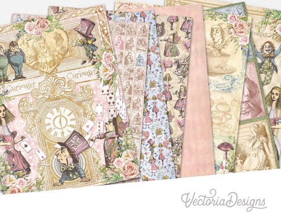Alice's Dreams Paper Pack, Printable Paper Pack, Digital Paper, Wonderland Paper Pack, Alice in Wonderland, Mad Hatter, White Rabbit 002497