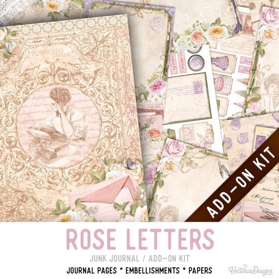 Rose Letters Junk Journal Kit ADD-ON, Printable Craft kit with Journal Pages, Embellishments and Papers - 003246