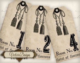 Hotel Of Horrors Key Tags, Halloween Hotel, Halloween Decoration, Vintage Halloween Horror Gift Tags, Printable Tags, Halloween 000538