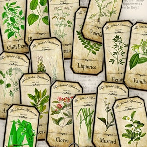 May include: Vintage botanical apothecary labels featuring illustrations of herbs like chili pepper, valerian, and tea. The labels have a distressed, aged appearance with text reading "The Herbal Apothecary Since 1835".