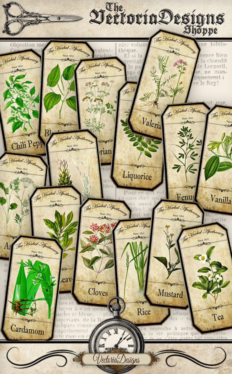 May include: Vintage botanical apothecary labels featuring illustrations of herbs like chili pepper, valerian, and tea. The labels have a distressed, aged appearance with text reading "The Herbal Apothecary Since 1835".