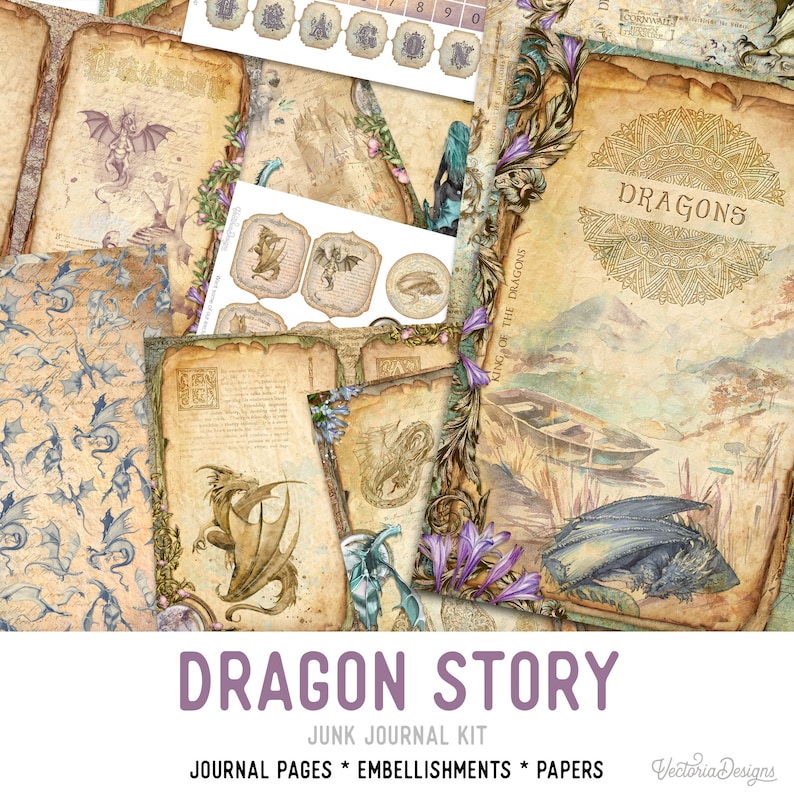 以下が含まれることがあります： ドラゴンをテーマにしたデジタルジャンクジャーナルキット。キットには、ジャーナルページ、装飾品、紙が含まれています。画像には、青いドラゴン、茶色のドラゴン、緑のドラゴンのさまざまなドラゴンイラストが描かれています。画像の下部には、紫色のバナーに「Dragon Story」というテキストが書かれています。
