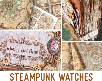 Steampunk Watches Crafting Printables Kit, Steampunk Junk Journal, Steampunk Embellishments, Printable Paper Pack, Journal Tutorial - 002364