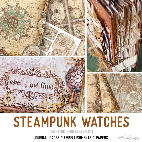 Steampunk Watches Crafting Printables Kit, Steampunk Junk Journal, Steampunk Embellishments, Printable Paper Pack, Journal Tutorial - 002364