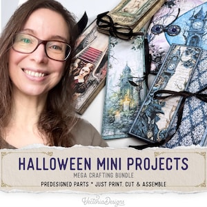 Könnte beinhalten: Eine Sammlung rechteckiger Papierbastelprojekte mit gotischen Halloween-Motiven, darunter ein Rabe, ein Uhrturm und Kerzen, jeweils mit einem schwarzen Band gebunden. Der Text lautet HALLOWEEN MINI PROJECTS MEGA CRAFTING BUNDLE.