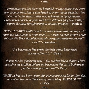 May include: A collage of customer reviews for VectoriaDesigns Shoppe, a business that sells digital downloads for scrapbooking and journaling. The reviews are positive and highlight the quality of the products and the excellent customer service.