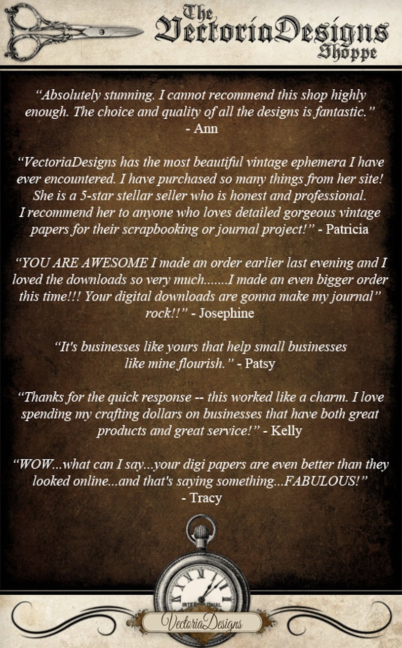 May include: A collage of customer reviews for VectoriaDesigns Shoppe, a business that sells digital downloads for scrapbooking and journaling. The reviews are positive and highlight the quality of the products and the excellent customer service.