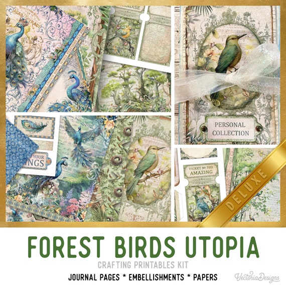 Forest Birds Junk Journal Kit (DELUXE) - Printable Pages, Papers and Embellishments for Crafting - 003162