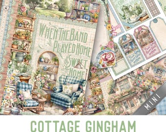 Cottage Gingham Junk Journal Kit MINI, Cottage Crafting Printables Embellishments Cottagecore Printable Gingham Paper Junk Journal 003544