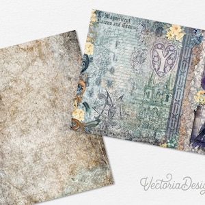 May include: A digital paper pack with a vintage aesthetic featuring a distressed background, a gothic-inspired design with ravens and crowns, and a heart with a letter Y inside. The design includes a castle, flowers, and a window with a raven.