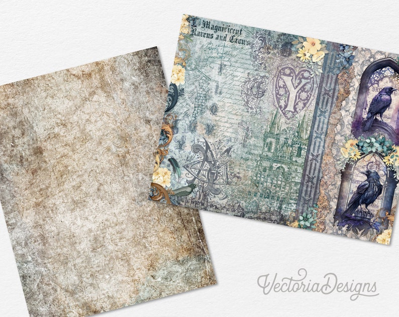 May include: A digital paper pack with a vintage aesthetic featuring a distressed background, a gothic-inspired design with ravens and crowns, and a heart with a letter Y inside. The design includes a castle, flowers, and a window with a raven.