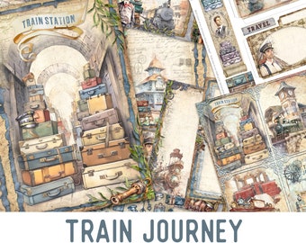 May include: A digital junk journal kit with a train theme. The kit includes journal pages, embellishments, and papers. The image features a train station, luggage, and a train. The text "Train Journey" is displayed in large letters at the bottom of the image.