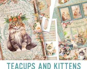 Teacups and Kittens Junk Journal Kit, Printable Junk Journal Kit Kittens Embellishments Cats Junk Journal Papers Craft kit Cats kit 003060