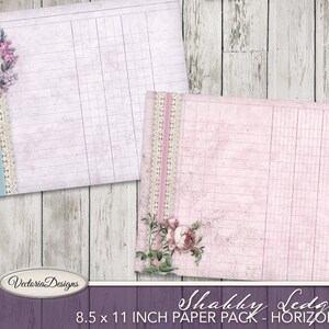 Puede incluir: Dos hojas de papel digital con un patr&oacute;n de cuadros rosa y blanco, ribete de encaje y detalles florales. Las hojas miden 8,5 x 11 pulgadas y est&aacute;n etiquetadas como "Shabby Ledgers 8.5 x 11 INCH PAPER PACK - HORIZONTAL".