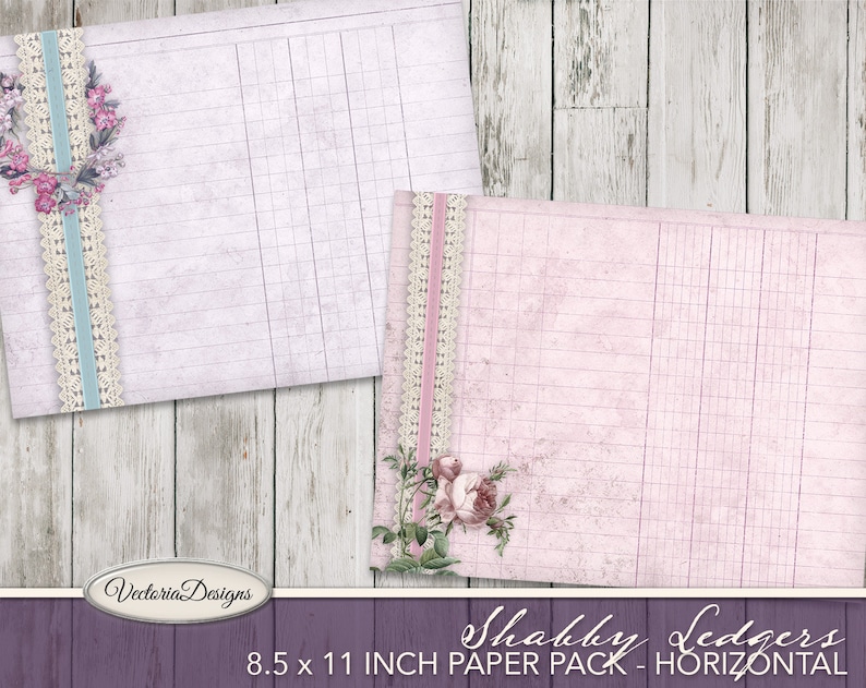 Puede incluir: Dos hojas de papel digital con un patr&oacute;n de cuadros rosa y blanco, ribete de encaje y detalles florales. Las hojas miden 8,5 x 11 pulgadas y est&aacute;n etiquetadas como "Shabby Ledgers 8.5 x 11 INCH PAPER PACK - HORIZONTAL".