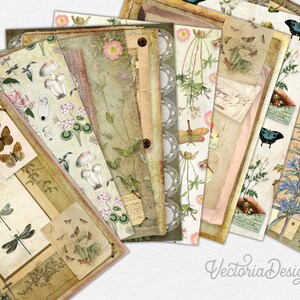 May include: A set of 12 vintage-style patterned papers featuring butterflies, dragonflies, mushrooms, and floral designs. The papers are printed on a textured background with a distressed look.