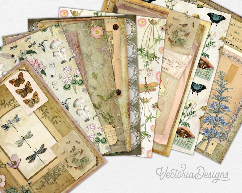 May include: A set of 12 vintage-style patterned papers featuring butterflies, dragonflies, mushrooms, and floral designs. The papers are printed on a textured background with a distressed look.