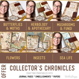 Op de afbeelding: Een collectie van zes thematische knutsel-printsets genaamd Collector's Chronicles, met journalpagina's, versieringen en papier met ontwerpen van vlinders, motten, kruidengeneeskunde, paddenstoelen, bloemen, insecten en het onderwaterleven.