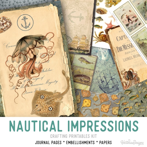 Nautical Junk Journal Kit - Printable Pages, Papers and Embellishments for Crafting - 002310