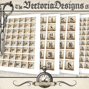 May include: Printable vintage-style number stickers in black text on a beige background. The numbers range from 1 to 48. The stickers are perfect for crafts, scrapbooking, and labeling.