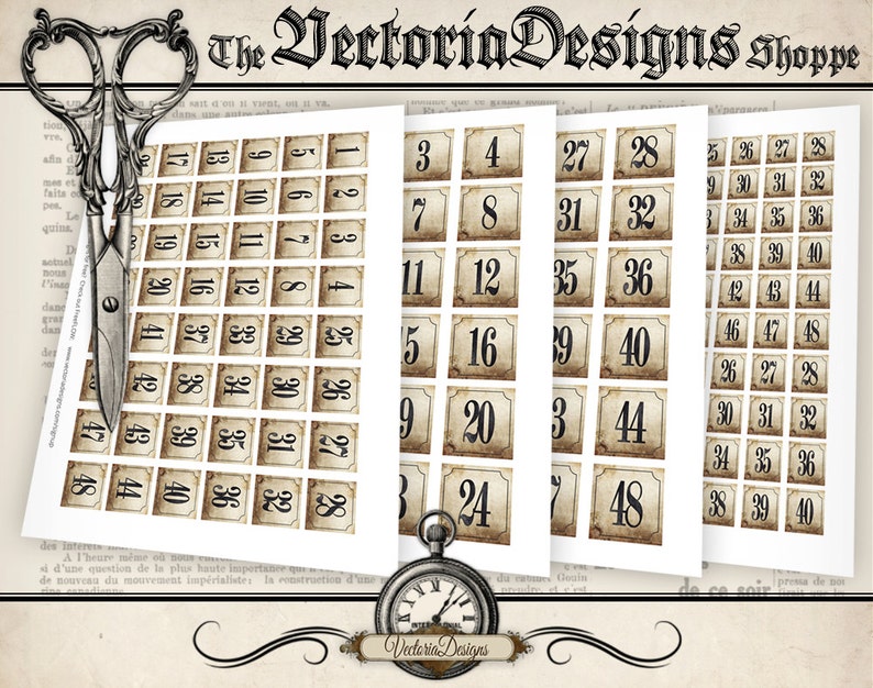 May include: Printable vintage-style number stickers in black text on a beige background. The numbers range from 1 to 48. The stickers are perfect for crafts, scrapbooking, and labeling.