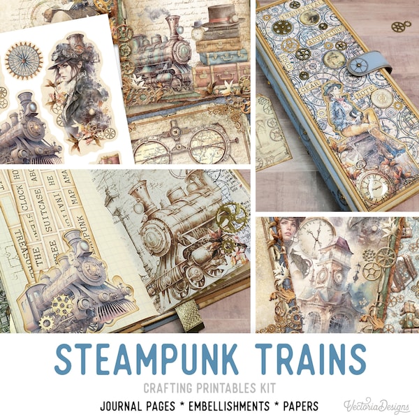 Steampunk Trains Junk Journal Kit, Trains Crafting Printables Kit Steampunk Embellishments Printable Paper Craft Kit Craft Tutorial - 003010