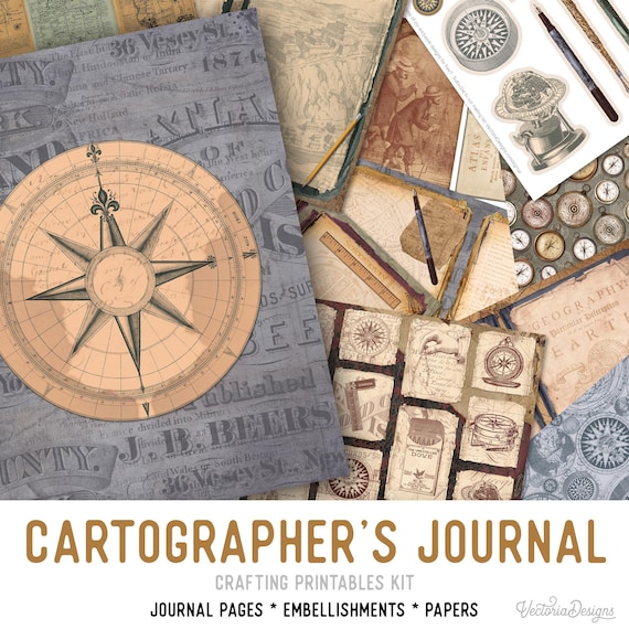 Cartographer's Journal Crafting Printables Kit, Vintage Map, Printable Journal Kit, Digital Ephemera Maps, Printable Map, Steampunk - 002300