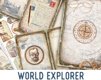 World Explorer Junk Journal Kit, Printable Embellishments, Explorer Junk Journal Kit, DIY Craft kits, Printable Junk Journal Kit - 002658