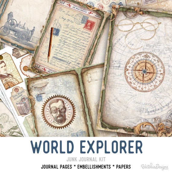 World Explorer Junk Journal Kit - Printable Pages for Crafting - 002658