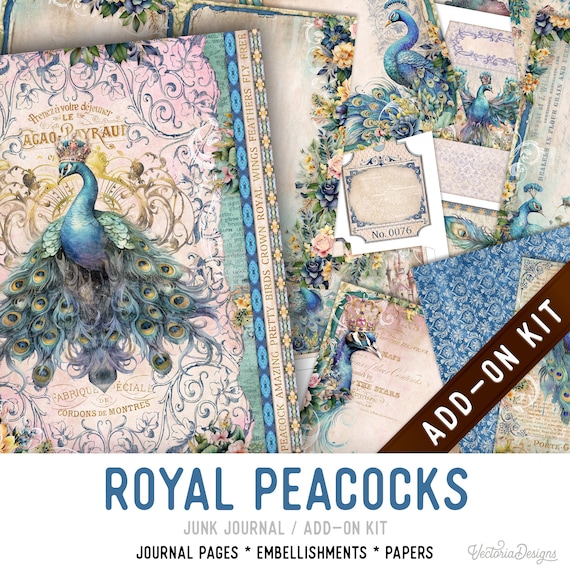 Royal Peacocks Junk Journal Kit, Printable Pages, Embellishments, Papers (Add-On) - 003271