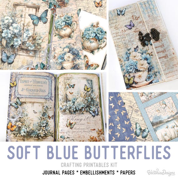 Soft Blue Butterflies Junk Journal Kit (Standard) - Printable Pages, Papers and Embellishments for Crafting - 003709