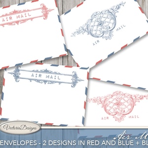 May include: A collection of white envelopes featuring red and blue air mail border patterns. The designs include ornate rectangular frames and decorative filigree motifs with the text AIR MAIL printed in various styles in red or blue ink.