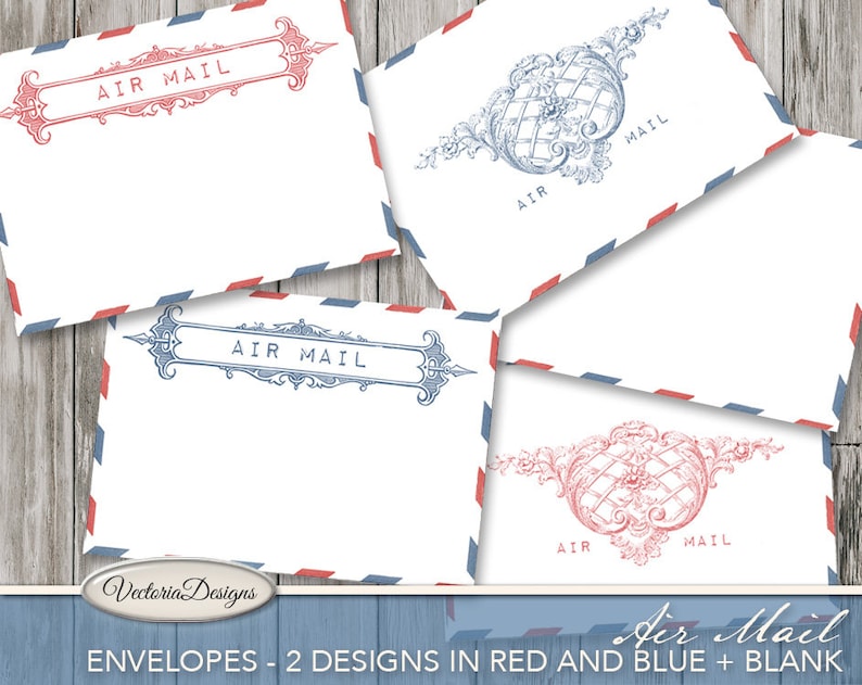 May include: A collection of white envelopes featuring red and blue air mail border patterns. The designs include ornate rectangular frames and decorative filigree motifs with the text AIR MAIL printed in various styles in red or blue ink.