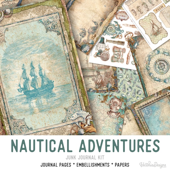 Nautical Adventures Junk Journal Kit - Printable Pages for Crafting - 002798