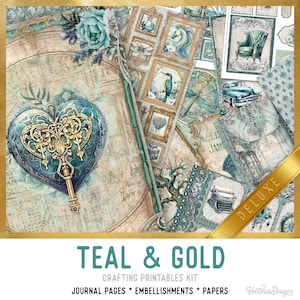 Könnte beinhalten: Teal- und Gold-Bastelset mit druckbaren Journalseiten, Verzierungen und Papieren. Das Set enthält eine Vielzahl von Bildern, darunter ein Herz mit einem Schlüssel, ein Kompass, ein Vogel, ein Auto und eine Schreibmaschine.