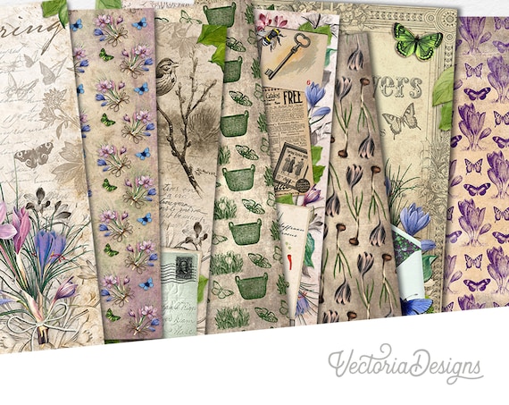 Spring Crocus Flowers Paper Pack, Cottagecore Scrapbook (Digital Download) - 002143