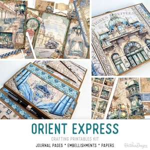 Puede incluir: Un kit de scrapbooking digital con un tema de viaje vintage. El kit incluye páginas de diario imprimibles, adornos y papeles con imágenes de trenes, relojes, mapas y equipaje. El título "Orient Express" aparece en la parte frontal del kit.