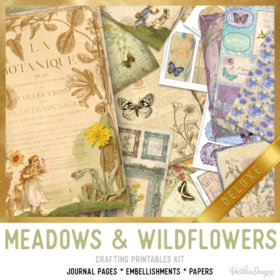 Meadows and Wildflowers Junk Journal Kit DELUXE- Printable Pages, Papers and Embellishments for Crafting - 002694