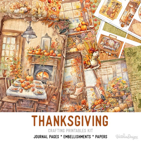 Thanksgiving Junk Journal Kit (Standard) - Printable Pages, Papers and Embellishments for Crafting - 003441