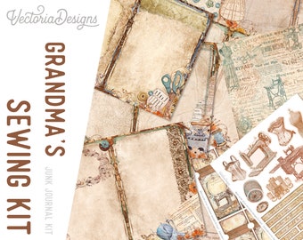 Grandma's Sewing Kit Junk Journal Kit, Sewing Junk Journal Kit, Printable Junk Journal Kit, Craft kit, Printable Journal Pages, DIY - 002719