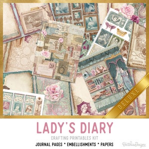 Lady's Diary DELUXE Crafting Printables Kit, Vintage Lady Junk Journal, Vintage Embellishments, Printable Journal, Digital Paper Pack 002794